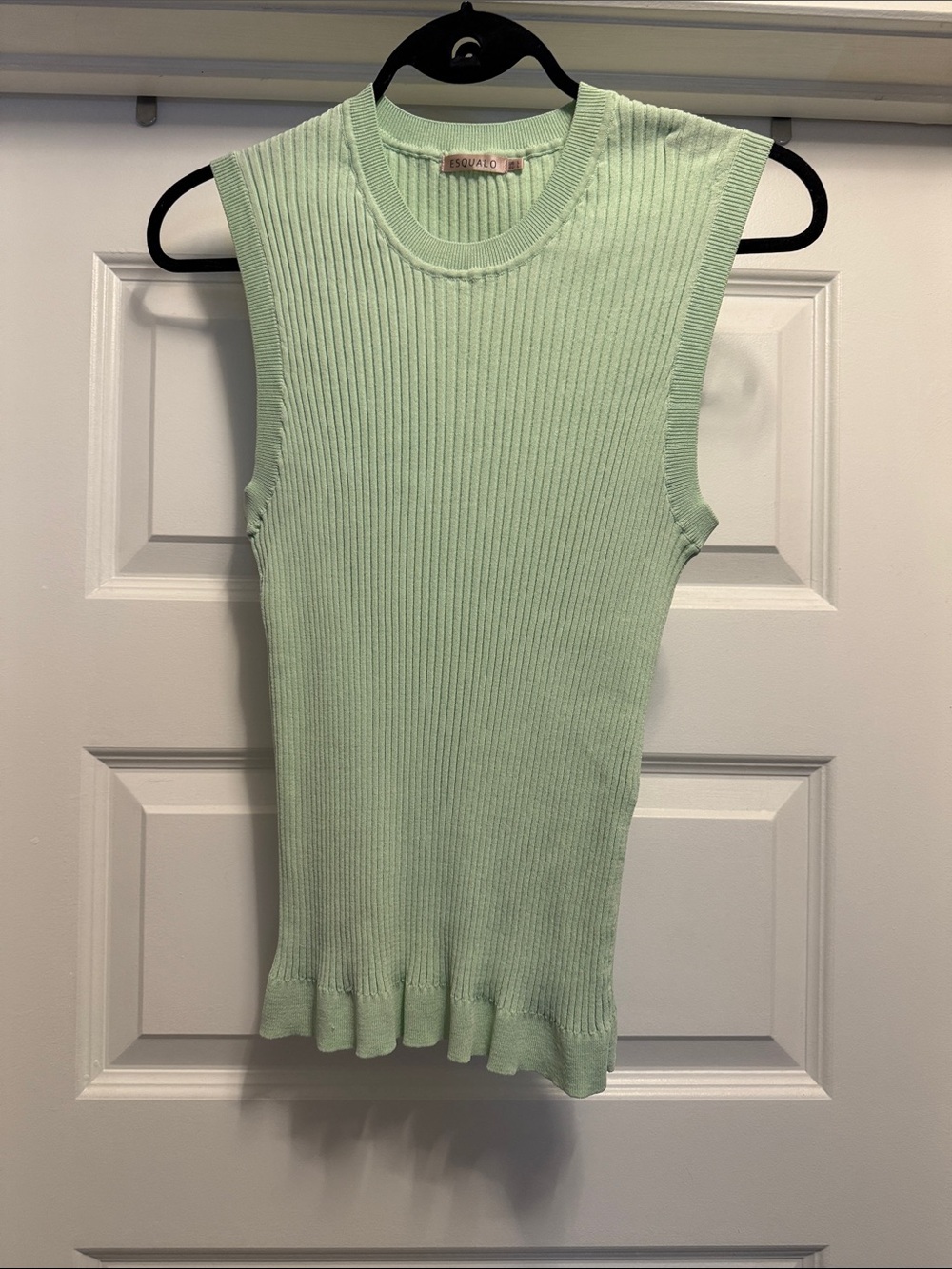 ESQUALO Mint Green Ribbed Sleeveless Tank with Ruffle Hem